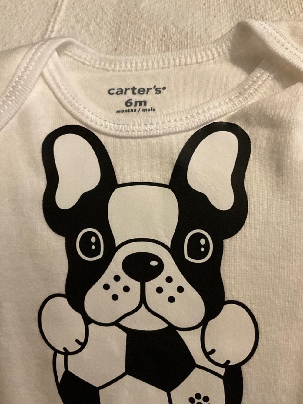 Baby bodysuit, 6 mo, white, boxer dog with soccer ball